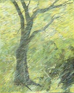 "Tree in Rain", Acrylic on Canvas 10" x 11-1/2" , by Mary Patricia Stumpf"