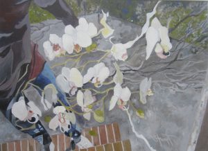 "White Orchids". Acrylic on Board, 16” x 20”, by Mary Patricia Stumpf