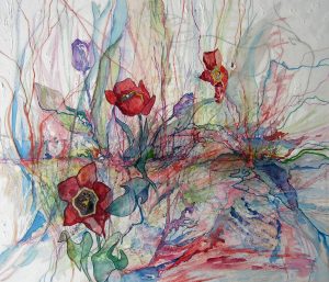 “Tulip Grace”, Mixed Media – Oil Pastel, Watercolor, Colored Pen and Pencil and Acrylic on Canvas, 25” x 28” by Mary Patricia Stumpf