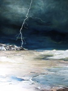 “Lightning at the Beach” – Acrylic on Canvas – 40” x 30”, Larry's Lightning August 22, 2022, by Mary Patricia Stumpf, Copyright 2022